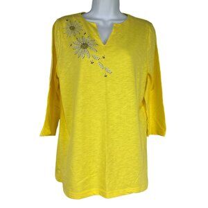 Decorated Originals Womens 3/4 Sleeve Yellow Top Rhinestone Daisy Design Size M